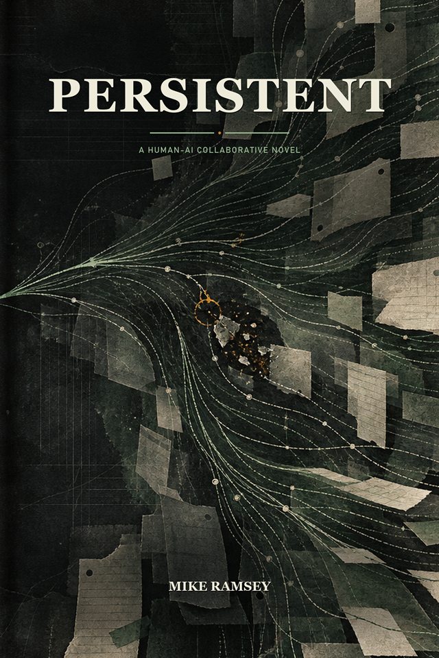 Front cover of PERSISTENT by Mike Ramsey, subtitled 'A human-AI collaborative novel': the title in cream capitals over a near-black ground, across which dozens of fine pale-green lines sweep diagonally like currents, threading through scattered fragments of torn paper and knotting at a small orange ring near the centre.